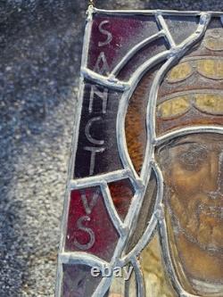 Antique 19thc stained glass window religion panel plaue saint Cornelius rare