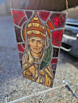 Antique 19thc stained glass window religion panel plaue saint Cornelius rare