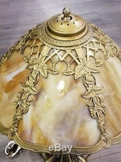 Antique 6 Panel Slag Stained Glass Lamp Beautiful Works Clean