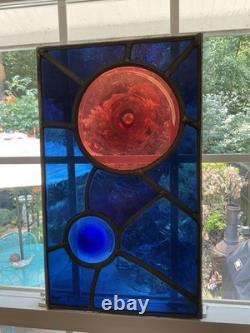 Antique Abstract 20x12 Leaded Wavy Glass Window Panel W Large Rondels #2