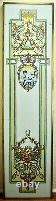 Antique Art Nouveau French Belgian Hand Painted Stained Glass Window Wall Panel