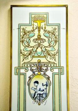 Antique Art Nouveau French Belgian Hand Painted Stained Glass Window Wall Panel