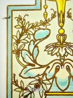 Antique Art Nouveau French Belgian Hand Painted Stained Glass Window Wall Panel