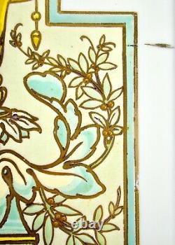 Antique Art Nouveau French Belgian Hand Painted Stained Glass Window Wall Panel