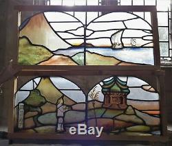 Antique Arts & Crafts Stained Painted Leaded Glass Chinoiserie Landscape Panels