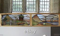Antique Arts & Crafts Stained Painted Leaded Glass Chinoiserie Landscape Panels