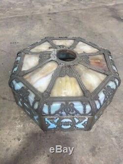 Antique BENT PANEL Lamp Shade BUFFY TOP Filigree Stained Leaded Glass Lamp