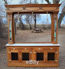 Antique Back Bar Quarter Sawn Oak With Leaded Stained Glass Panels