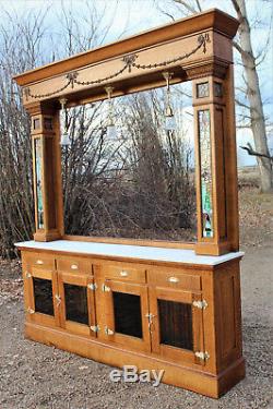 Antique Back Bar Quarter Sawn Oak With Leaded Stained Glass Panels