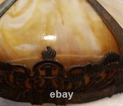 Antique Bradley & Hubbard School Table Lamp Bent Slag Glass Panel Shade Patina