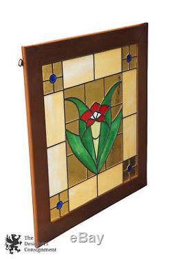 Antique Classic Leaded Stained Glass Window Panel Trumpet Flower 28 x 30