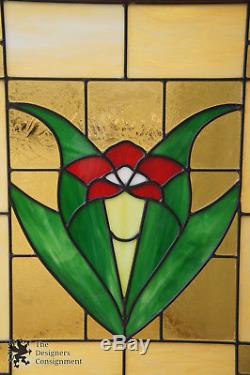 Antique Classic Leaded Stained Glass Window Panel Trumpet Flower 28 x 30