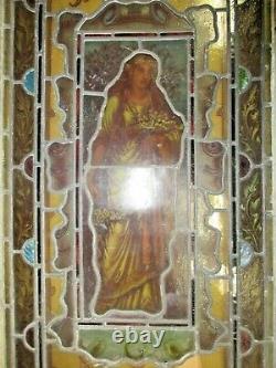 Antique Decorative Hand Painted Lady Stained Glass Panel