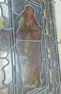 Antique Decorative Hand Painted Lady Stained Glass Panel