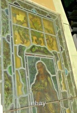 Antique Decorative Hand Painted Lady Stained Glass Panel