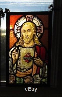 Antique Early Stained Glass Window Panel European Church of Jesus