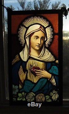 Antique Early Stained Glass Window Panel European Church of Mary