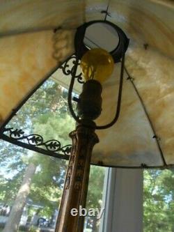 Antique Edward Miller 6 Panel Filigree & Slag Stained Glass Lamp
