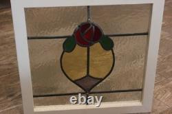 Antique English Leaded Stained Glass Window Panel Rose Obscure Red Yellow Green