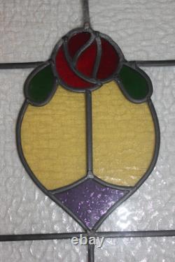 Antique English Leaded Stained Glass Window Panel Rose Obscure Red Yellow Green
