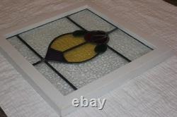 Antique English Leaded Stained Glass Window Panel Rose Obscure Red Yellow Green