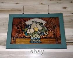 Antique FRAMED HANGING STAIN GLASS PANEL Fruit Basket 20.5L 13 5/8W USED