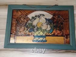 Antique FRAMED HANGING STAIN GLASS PANEL Fruit Basket 20.5L 13 5/8W USED