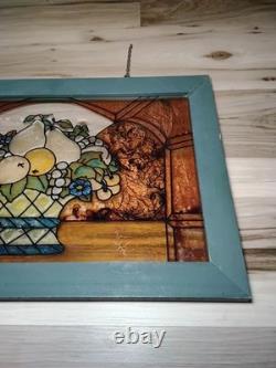 Antique FRAMED HANGING STAIN GLASS PANEL Fruit Basket 20.5L 13 5/8W USED