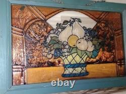 Antique FRAMED HANGING STAIN GLASS PANEL Fruit Basket 20.5L 13 5/8W USED