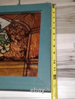 Antique FRAMED HANGING STAIN GLASS PANEL Fruit Basket 20.5L 13 5/8W USED
