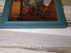 Antique FRAMED HANGING STAIN GLASS PANEL Fruit Basket 20.5L 13 5/8W USED