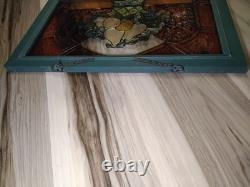 Antique FRAMED HANGING STAIN GLASS PANEL Fruit Basket 20.5L 13 5/8W USED