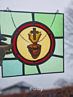 Antique Flemish stained glass window panel Holy Sacred Heart JEsus Christ symbol