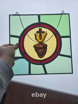 Antique Flemish stained glass window panel Holy Sacred Heart JEsus Christ symbol