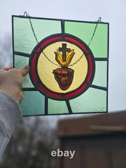 Antique Flemish stained glass window panel Holy Sacred Heart JEsus Christ symbol
