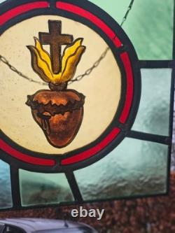 Antique Flemish stained glass window panel Holy Sacred Heart JEsus Christ symbol