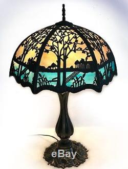 Antique Forest Scene Miller Hubbard 6-Panel Curved Slag Stained Glass Lamp