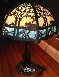 Antique Forest Scene Miller Hubbard 6-Panel Curved Slag Stained Glass Lamp
