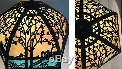 Antique Forest Scene Miller Hubbard 6-Panel Curved Slag Stained Glass Lamp