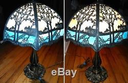 Antique Forest Scene Miller Hubbard 6-Panel Curved Slag Stained Glass Lamp