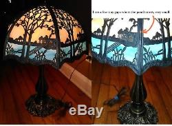 Antique Forest Scene Miller Hubbard 6-Panel Curved Slag Stained Glass Lamp