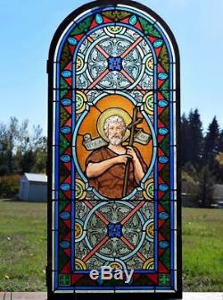 Antique French Stained Glass Panel withLeaded Glass John the Baptist Religious