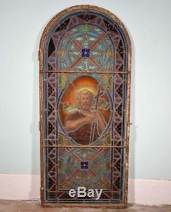 Antique French Stained Glass Panel withLeaded Glass John the Baptist Religious