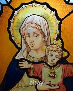 Antique French Stained Glass Panel withLeaded Glass Mary and Jesus Religious