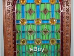 Antique French Stained/Leaded Glass Panel with Wood Frame Salvage