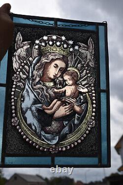 Antique French Stained glass panel window madonna child