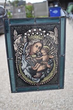 Antique French Stained glass panel window madonna child