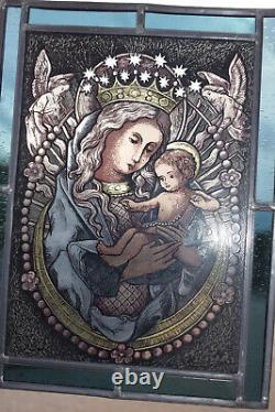 Antique French Stained glass panel window madonna child