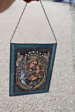 Antique French Stained glass panel window madonna child