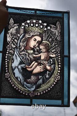 Antique French Stained glass panel window madonna child